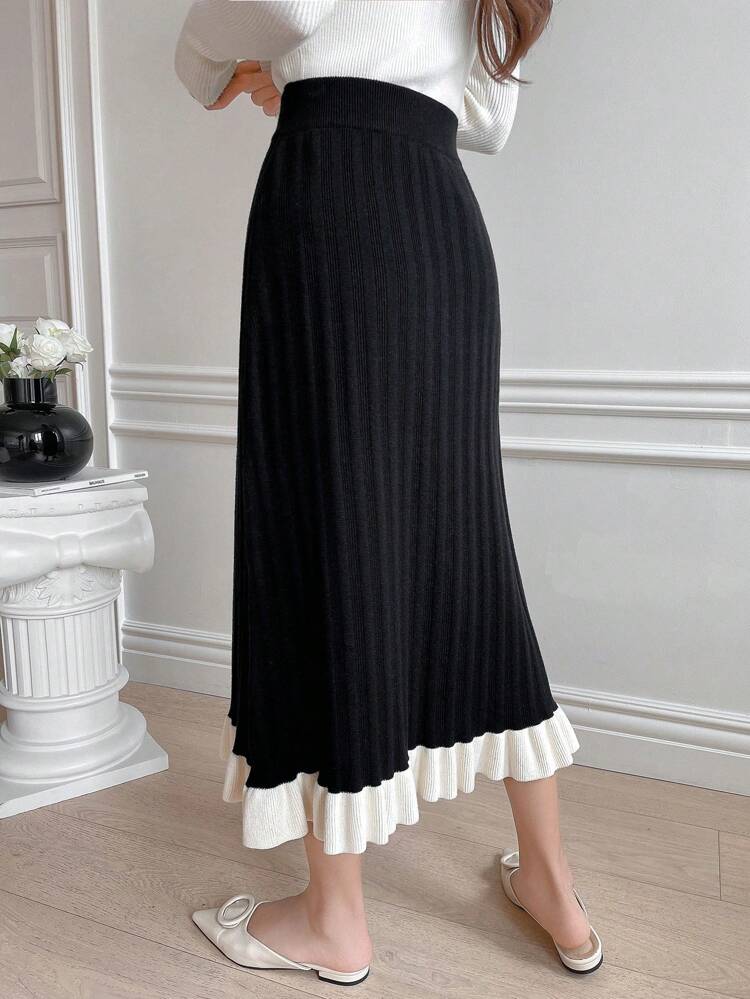 Two Tone Ruffle Hem Knit Skirt Fall,Winter