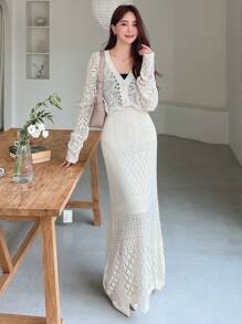 DAZY Solid Pointelle Knit Cardigan & Knit Skirt,Back To School Clothes