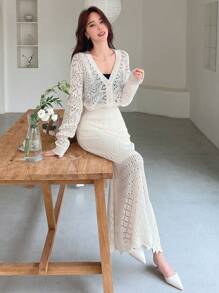 DAZY Solid Pointelle Knit Cardigan & Knit Skirt,Back To School Clothes
