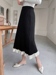 DAZY Two Tone Ruffle Hem Knit Skirt Fall,Winter - Black - View 5