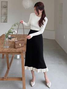 DAZY Two Tone Ruffle Hem Knit Skirt Fall,Winter - Black - View 6