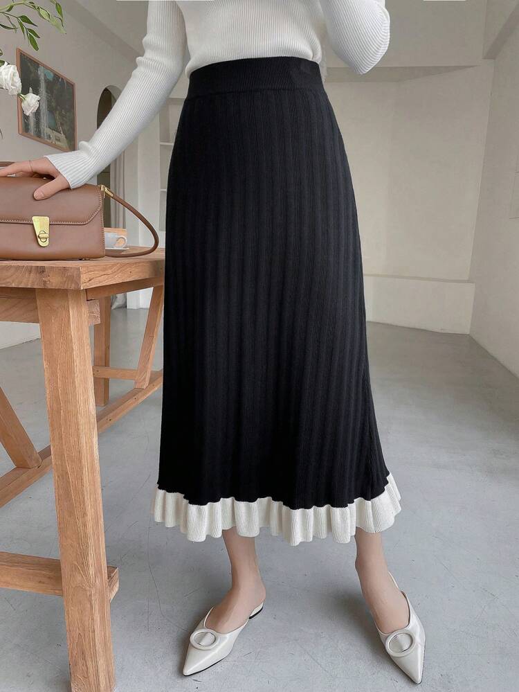 Two Tone Ruffle Hem Knit Skirt Fall,Winter