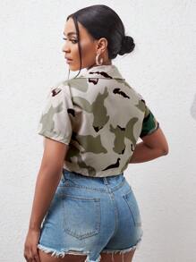 SHEIN Slayr Camo In Túi có nắp Mùa vụ Áo sơ mi - xanh quân đội - Xem 2