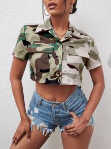 SHEIN Slayr Camo In Túi có nắp Mùa vụ Áo sơ mi - xanh quân đội - Xem 4