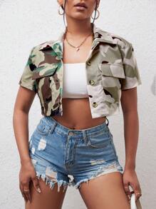 SHEIN Slayr Camo In Túi có nắp Mùa vụ Áo sơ mi - xanh quân đội - Xem 6