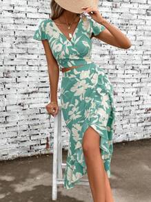 SHEIN Clasi Blume Muster, Schmetterlingsärmeln, Crop Top mit & Rüschenbesatz, Wickelsaum, Rock mit