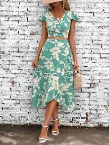 SHEIN Clasi Blume Muster, Schmetterlingsärmeln, Crop Top mit & Rüschenbesatz, Wickelsaum, Rock mit