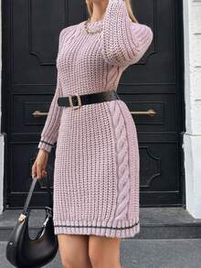 EURMUSE Cable Knit Raglan Sleeve Sweater Dress Without Belt - Dusty Pink - View 4