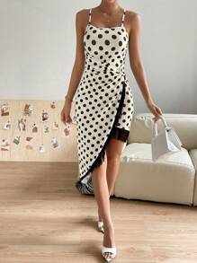 SHEIN Privé 波點圖案流蘇邊不對稱下擺吊帶連衣裙 - 棕色 - 查看 1