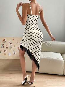 SHEIN Privé 波點圖案流蘇邊不對稱下擺吊帶連衣裙 - 棕色 - 查看 2