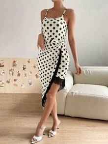 SHEIN Privé 波點圖案流蘇邊不對稱下擺吊帶連衣裙 - 棕色 - 查看 3