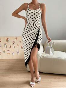 SHEIN Privé 波點圖案流蘇邊不對稱下擺吊帶連衣裙 - 棕色 - 查看 4