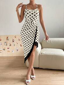 SHEIN Privé 波點圖案流蘇邊不對稱下擺吊帶連衣裙 - 棕色 - 查看 5