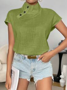 SHEIN Privé Cổ giả Chi tiết Nút tay cánh Áo sơ mi - màu xanh lá - Xem 1