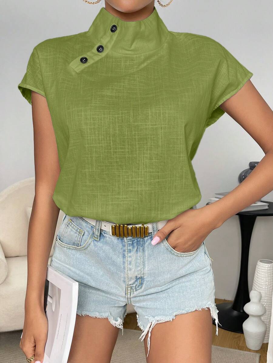 SHEIN Privé Cổ giả Chi tiết Nút tay cánh Áo sơ mi - màu xanh lá - Xem 1