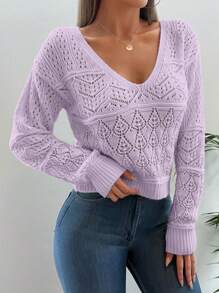 EURMUSE Pointelle Knit Drop Shoulder Sweater - Purple - View 1