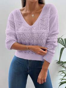 EURMUSE Pointelle Knit Drop Shoulder Sweater - Purple - View 2