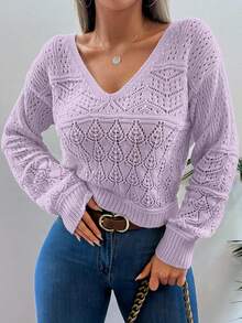 EURMUSE Pointelle Knit Drop Shoulder Sweater - Purple - View 3