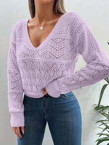 EURMUSE Pointelle Knit Drop Shoulder Sweater - Purple - View 4