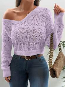 EURMUSE Pointelle Knit Drop Shoulder Sweater - Purple - View 5