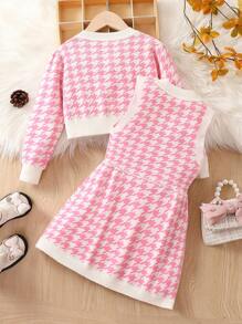 Genkimix Kids Young Girl Houndstooth Pattern Cardigan & Sweater Dress - Pink - View 2