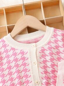 Genkimix Kids Young Girl Houndstooth Pattern Cardigan & Sweater Dress - Pink - View 3