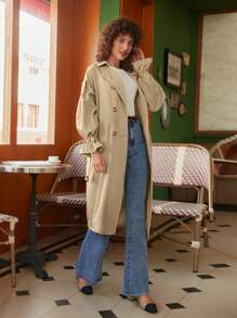 SHEIN Frenchy Áo khoác ngoài nữ Dây kéo Thắt lưng Nút đôi Xù màu trơn Thanh lịch - Màu Khaki - Xem 3