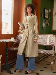 SHEIN Frenchy Áo khoác ngoài nữ Dây kéo Thắt lưng Nút đôi Xù màu trơn Thanh lịch - Màu Khaki - Xem 4