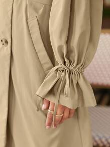 SHEIN Frenchy Áo khoác ngoài nữ Dây kéo Thắt lưng Nút đôi Xù màu trơn Thanh lịch - Màu Khaki - Xem 5