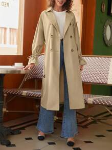 SHEIN Frenchy Áo khoác ngoài nữ Dây kéo Thắt lưng Nút đôi Xù màu trơn Thanh lịch - Màu Khaki - Xem 1