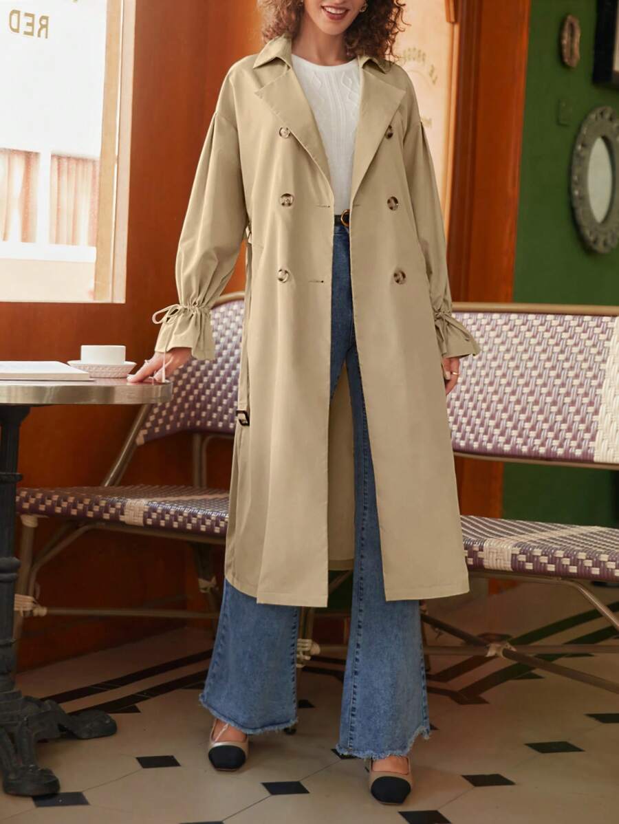 SHEIN Frenchy Áo khoác ngoài nữ Dây kéo Thắt lưng Nút đôi Xù màu trơn Thanh lịch - Màu Khaki - Xem 1
