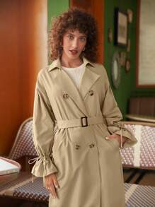 SHEIN Frenchy Áo khoác ngoài nữ Dây kéo Thắt lưng Nút đôi Xù màu trơn Thanh lịch - Màu Khaki - Xem 6