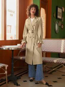 SHEIN Frenchy Áo khoác ngoài nữ Dây kéo Thắt lưng Nút đôi Xù màu trơn Thanh lịch - Màu Khaki - Xem 7