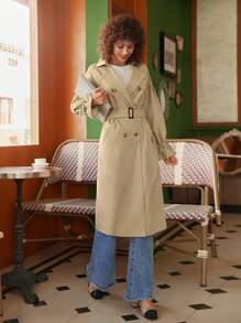 SHEIN Frenchy Áo khoác ngoài nữ Dây kéo Thắt lưng Nút đôi Xù màu trơn Thanh lịch - Màu Khaki - Xem 8