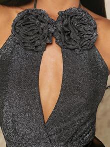 SHEIN BAE 3D Rosette Glitter Cut Out Bodysuit With Arm Sleeves