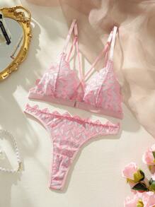SHEIN Set de lencería de cheurón ribete - Rosa - Ver 1