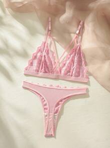 SHEIN Set de lencería de cheurón ribete - Rosa - Ver 2