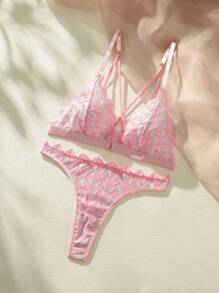 SHEIN Set de lencería de cheurón ribete - Rosa - Ver 4