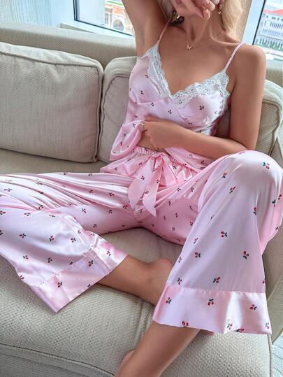 CottageSlumber Floral Print Lace Trim Satin Cami Top & Pants PJ Set / Pajama Set