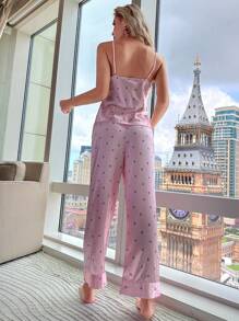 Softscene Floral Print Lace Trim Satin Cami Top & Pants PJ Set / Pajama Set - Pink - View 2