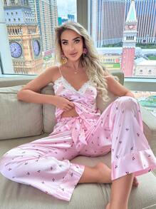 Softscene Floral Print Lace Trim Satin Cami Top & Pants PJ Set / Pajama Set - Pink - View 4