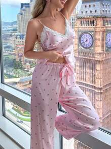 Softscene Floral Print Lace Trim Satin Cami Top & Pants PJ Set / Pajama Set - Pink - View 5