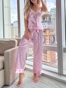 Softscene Floral Print Lace Trim Satin Cami Top & Pants PJ Set / Pajama Set - Pink - View 6
