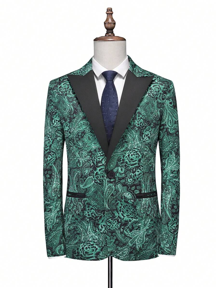 Manfinity AFTRDRK 男士大码1入組印花單釦西裝外套 - 綠色 - 查看 1