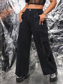 SHEIN ICON 大碼側翻蓋口袋工裝牛仔褲 - 黑色 - 查看 1