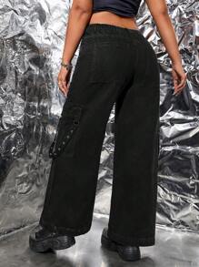 SHEIN ICON 大碼側翻蓋口袋工裝牛仔褲 - 黑色 - 查看 2