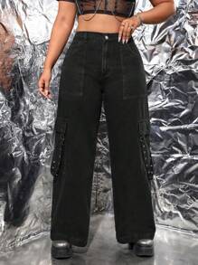 SHEIN ICON 大碼側翻蓋口袋工裝牛仔褲 - 黑色 - 查看 3