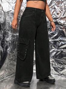 SHEIN ICON 大碼側翻蓋口袋工裝牛仔褲 - 黑色 - 查看 4