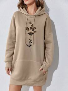 INAWLY Butterfly & Letter Graphic Kangaroo Pocket Drop Shoulder Drawstring Thermal Hoodie Dress - Khaki - View 1