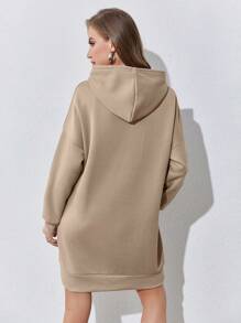 INAWLY Butterfly & Letter Graphic Kangaroo Pocket Drop Shoulder Drawstring Thermal Hoodie Dress - Khaki - View 2